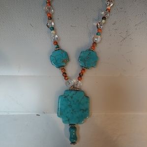 Turquoise cross necklace coral beads crystals beads ranchstyle necklace 20inches